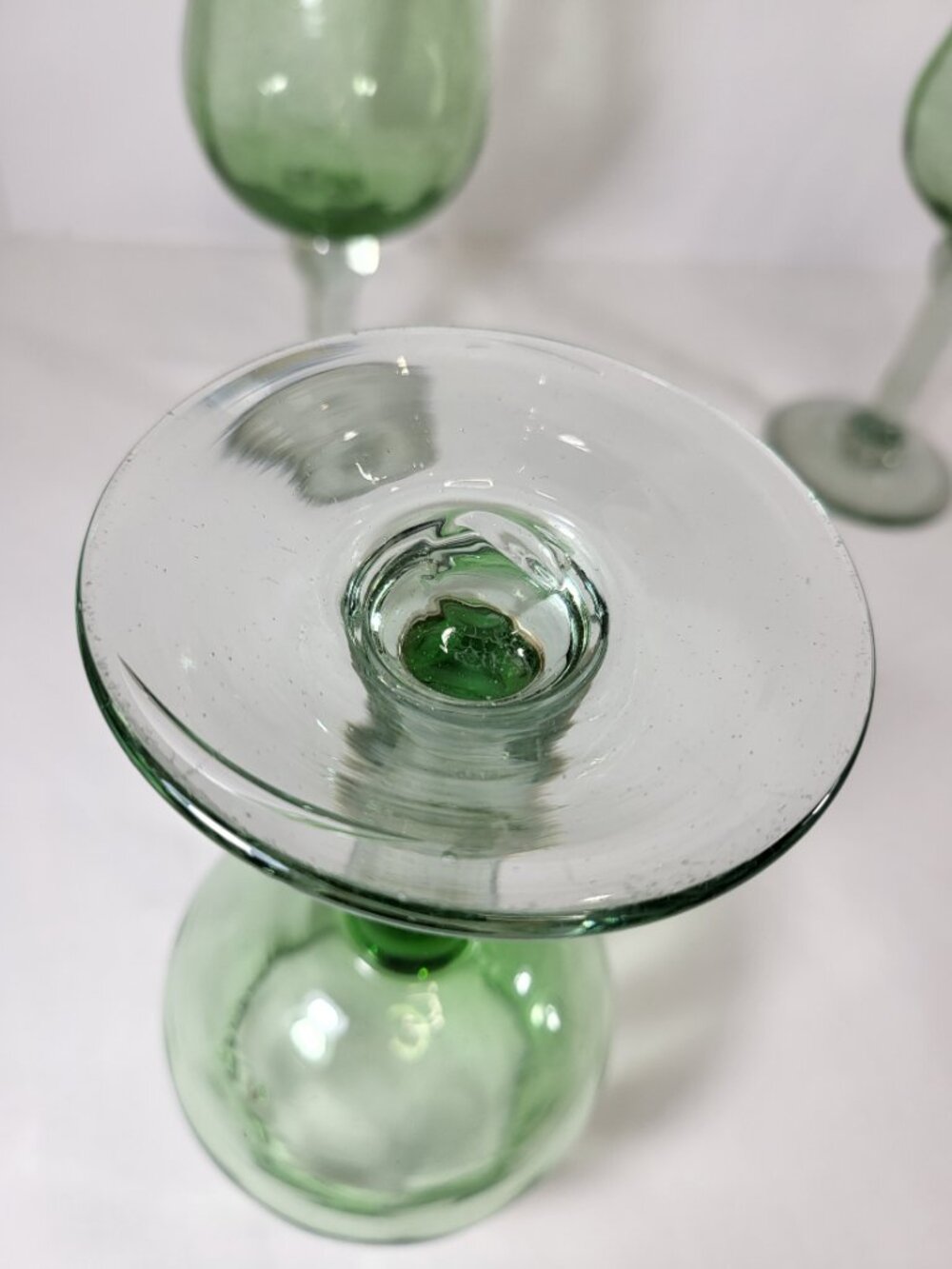Vintage Hand Blown Green Glass Goblets, Set of 3 Bubble Glass Wine Glasses - Picture 3 of 8